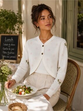 New Aleeza Paris Renata Cropped Cardigan – Ivory – Size Medium